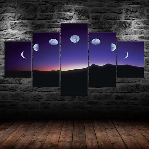 Mit Rahmen Leinwandbild 5 TLG Kunstdruck,Mond Mondphasen Nachthimmel Berge Landschaft Bilder auf Leinwand 5 TLG Vlies Wandbild,Leinwand Gemälde xxl,Tapete,leinwanddrucke,5 Stücke Bilder 125x60cm von RAPSANI