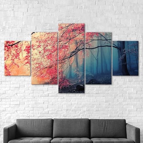 Mit Rahmen Leinwandbild 5 TLG Kunstdruck,Rote Blätter Baum Mystischen Nebeligen Wald Bilder auf Leinwand 5 TLG Vlies Wandbild,Leinwand Gemälde xxl,Tapete,Puzzle,leinwanddrucke,5 Stücke Bilder 125x60cm Mit Rahmen Leinwandbild 5 TLG Kunstdruck,Rote Blätter Baum Mystischen Nebeligen Wald Bilder auf Leinwand 5 TLG Vlies Wandbild,Leinwand Gemälde xxl,Tapete,Puzzle,leinwanddrucke,5 Stücke Bilder 125x60cm von RAPSANI