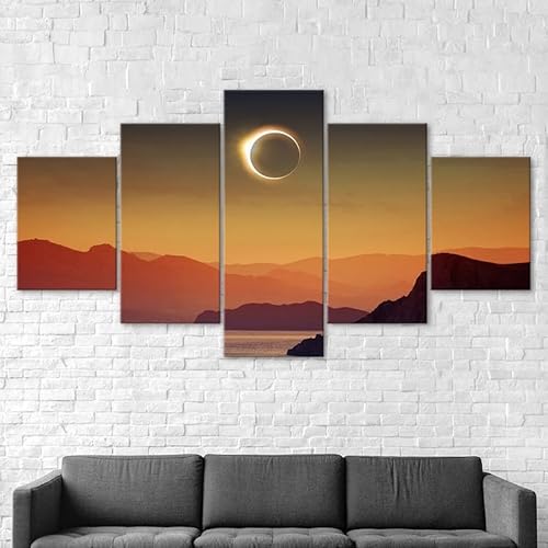 Mit Rahmen Leinwandbild 5 TLG Kunstdruck,Totale Sonnenfinsternis Canyon See Berg Inseln Bilder auf Leinwand 5 TLG Vlies Wandbild,Leinwand Gemälde xxl,Tapete,leinwanddrucke,5 Stücke Bilder 125x60cm von RAPSANI
