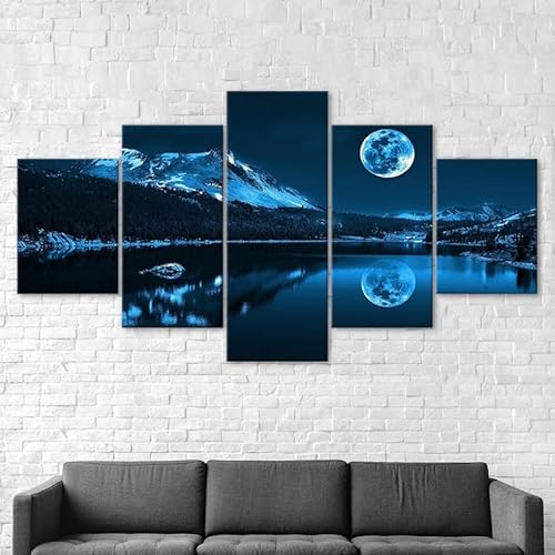 Mit Rahmen Leinwandbild 5 TLG Kunstdruck,Vollmond, blaue Nacht, Bergsee, Landschaftsszene Bilder auf Leinwand 5 TLG Vlies Wandbild,Leinwand Gemälde xxl,Tapete,leinwanddrucke,5 Stücke Bilder 125x60cm von RAPSANI
