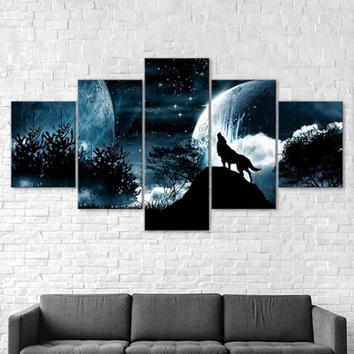 Mit Rahmen Leinwandbild 5 TLG Kunstdruck,Vollmond Nacht Sternenhimmel Wolf Brüllen Bilder auf Leinwand 5 TLG Vlies Wandbild,Leinwand Gemälde xxl,Tapete,Puzzle,leinwanddrucke,5 Stücke Bilder 125x60cm von RAPSANI