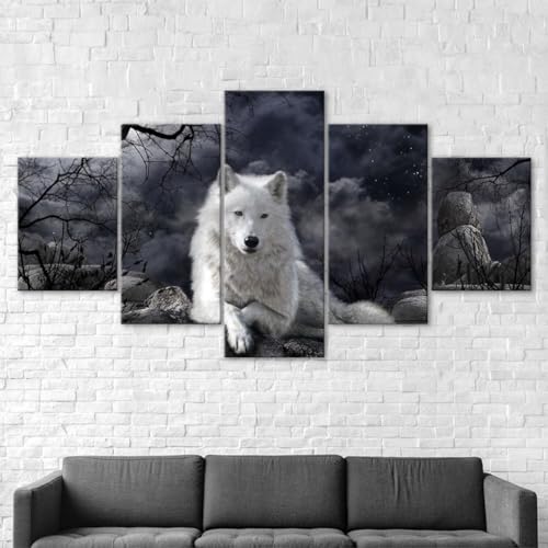 RAPSANI Bilder Wandbild 150x80cm Leinwandbild 5 TLG Kunstdruck Weißer Wolf, dunkle Nacht modern Wandbilder XXL Wanddekoration Design Wandkunst 5 Stücke Leinwand Wohnzimmer Dekoration von RAPSANI