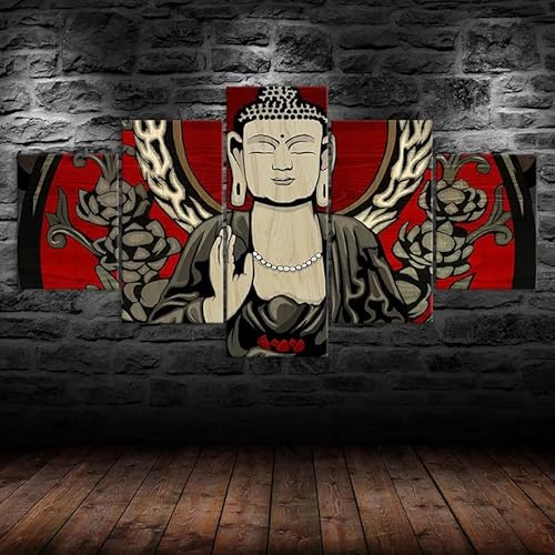 RAPSANI Mit Rahmen Leinwandbild 5 TLG Kunstdruck,Buddha-Achtsamkeit Bilder auf Leinwand 5 TLG Vlies Wandbild,Leinwand Gemälde xxl,Tapete,Puzzle,leinwanddrucke,5 Stücke Bilder 125x60cm von RAPSANI