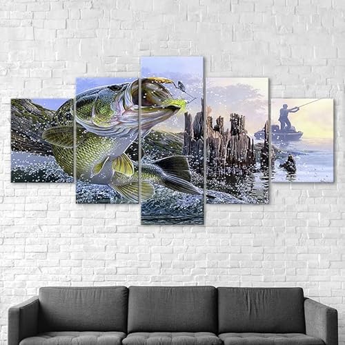 RAPSANI Mit Rahmen Leinwandbild 5 TLG Kunstdruck,Forellenbarsch-Fischerboot-Fischer Bilder auf Leinwand 5 TLG Vlies Wandbild,Leinwand Gemälde xxl,Tapete,Puzzle,leinwanddrucke,5 Stücke Bilder 125x60cm von RAPSANI