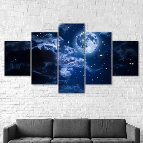 RAPSANI Mit Rahmen Leinwandbild 5 TLG Kunstdruck,Vollmond Bewölkter Sternenhimmel Bilder auf Leinwand 5 TLG Vlies Wandbild,Leinwand Gemälde xxl,Tapete,Puzzle,leinwanddrucke,5 Stücke Bilder 125x60cm von RAPSANI