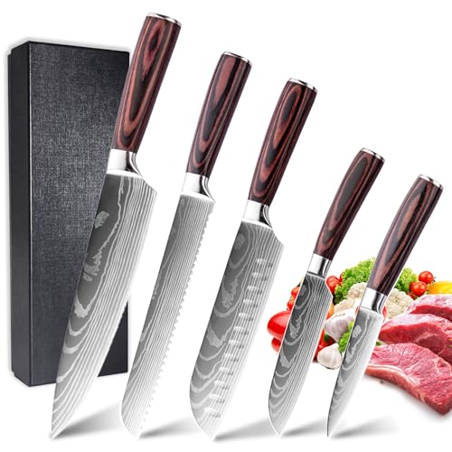 Messerset 5-tlg, Küchenmesser Set aus Hochwertigem Edelstahl, Premium Küchenmesserset Ergonomischem Holzgriff, Scharfe Messer Set und Profi Kochmesser, Allzweckmesser, Küchenmesser-Geschenkbox-Set von RAQISQUARE
