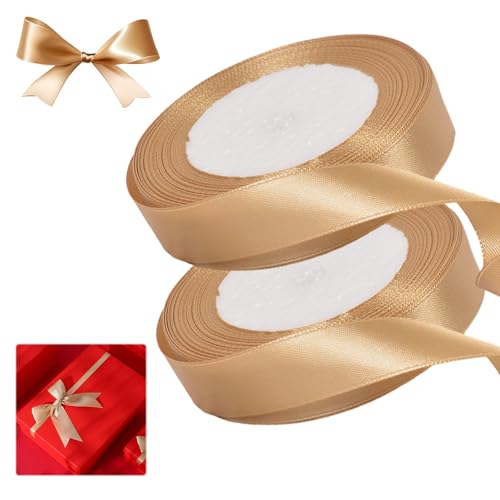 Geschenkband Weihnachten, 2 Stück Schick Satinband Gold, Schleifenband Weihnachten 2 cm x 22 m, Geschenkband Gold, Geschenkband Breit für die Dekoration von Hochzeits- und Geschenkboxen von RARWIND