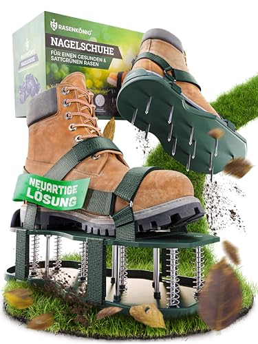 RASENKÖNIG Nagelschuhe Pro | Rasenlüfter Schuhe + Estrichschuhe | Rasenbelüfter Vertikutierer und Aerifizierer für Rasenbelüftung | Premium Rasenschuhe zum Rasen belüften und auflockern - vormontiert von RASENKÖNIG