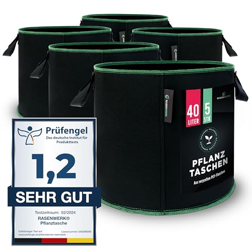 RASENWERK® - 40 Liter Pflanztasche aus Vliesstoff - Pflanzsack für Garten, Gewächshaus & Balkon - Pflanzbeutel für Blumen, Tomaten und Pflanzen - Ideale Alternative zum Blumentopf - 5 Stück von RASENWERK