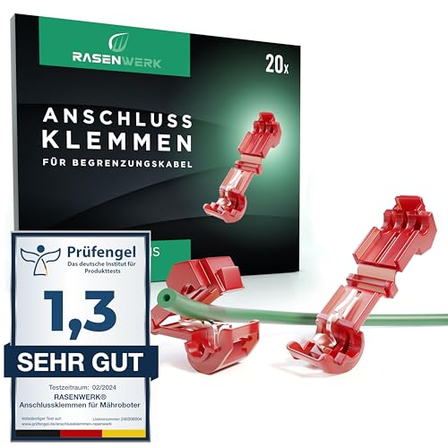 RASENWERK® - Anschlussklemmen für Mähroboter Begrenzungskabel Ladestation - T-Abzweigverbinder Abzweigklemmen Stromdieb - Kompatibel für Gardena, Husqvarna, Worx, Bosch - rot - 20 Stück von RASENWERK