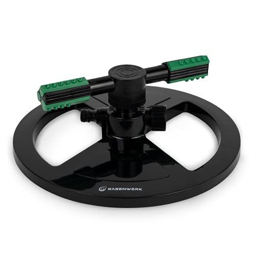 RASENWERK® - Kreisregner - Sprinkler Zweiarmig - 360 Grad Rasen Sprenger Rasensprenger - Zur Bewässerung im Garten - Für große und kleine Wiesen Flächen von RASENWERK