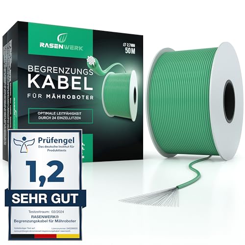 RASENWERK® - 50m Universal Begrenzungskabel für Mähroboter - Begrenzungsdraht für Rasenmäher - Draht aus verzinntem Kupfer - Rasenroboter Zubehör - Ø2,7mm - 50m von RASENWERK