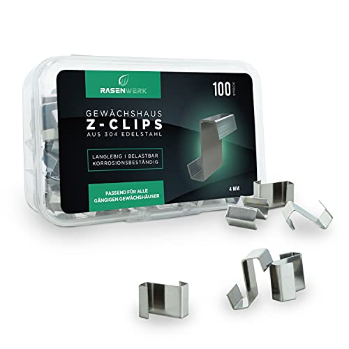 RASENWERK® - Z-Clips für Gewächshäuser - 100 Stück - aus AISI 304 rostfreiem Edelstahl - für max. 4mm starke Gewächshaus Glasplatten - Haken für Gewächshaus Platten von RASENWERK