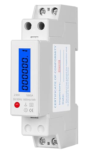 RASMACOR | LCD digitaler Wechselstromzähler Stromzähler Wattmeter mit Leistungsanzeige | 5(60) A | A für Hutschiene | RoHS- und CE-zertifiziert | 1P 220 V | Impuls: 1600 imp/kWh von RASMACOR