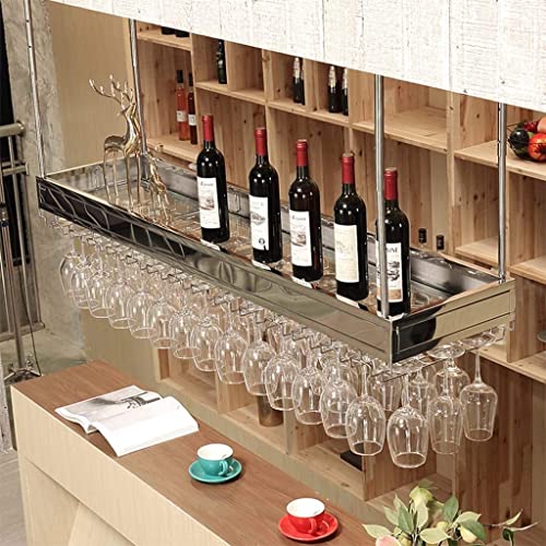 Weinregal, europäisches Weinglasregal, verstellbarer hängender Weinflaschenhalter, doppelter Stauraum, Weinhalter aus Edelstahl, Stielglashalter mit Trennwand aus gehärtetem Glas für die Bar Ambitious von RASOANOA