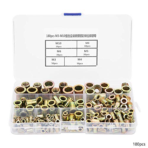 RASTKY 180pcs M3 -M10 Nietmutkit - Zinkplattierte Flachgewinde Einsatzzahnnotsert Set mit Kunststoffbox und Effiziente Installation auf Stahl, Kunststoff und von RASTKY