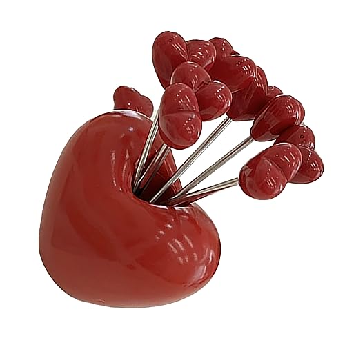 RASTKY Niedliche Tierfutter Pflücken 5pcs Obstgabel Set Niedliche Form Mehrzweck Edelstahl Fruchtgabeln mit Halter (Herzförmig) von RASTKY