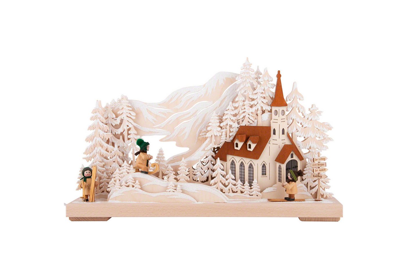 RATAGS Kunsthandwerk Schwibbogen Schwibbogen Schlittenfahrt am Kirchberg (42x23cm) von RATAGS Holzdesig von RATAGS Kunsthandwerk
