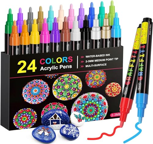 RATEL Acrylstifte Marker Stifte, 24 Farben Premium Wasserfest Paint Marker Set Wasserfest Permanent Art Filzstift Acrylic Painter für DIY Stein, Leinwand, Papier, Glasmalerei, Metall-Mittlerer Spitze von RATEL