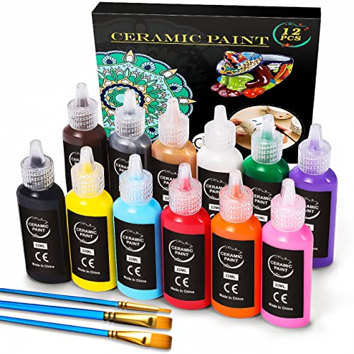 RATEL Porzellanfarbe Set, 12 x 22 ml Wasserdicht Keramikfarben + 3 Pinselstift, Ideale Keramikfarben zum Bemalen von DIY-Bechern, Tassen, Tellern, Keramik, Hohe Abdeckung Acrylfarbense von RATEL