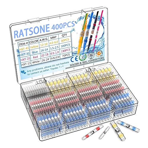 400Pcs lötverbinder, Schrumpfschlaucht lötverbinder Set,mit Transparent Schrumpfschlauch,Automotive Marine Insulated Waterproof Wire Terminal,Weiß Rot Blau Gelb Grün Violett Orange von RATSTONE
