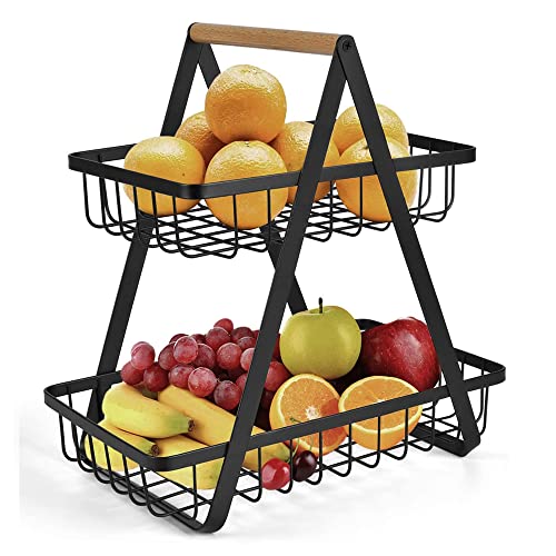 RATSTONE Obst Etagere,Etagere Obst,Obstkorb Etagere,Obstschale Obstkorb Brotkorb Gemüse Holzregal, abnehmbares Obstregal Küchenaufbewahrungskorb, Gemüseregal, Obst-Gemüse-Brot-Snack-Korb (Schwarz) von RATSTONE