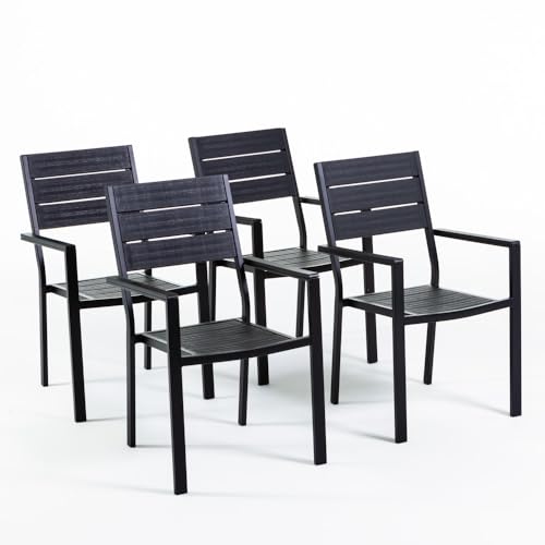 RATTATAN Adele- stapelbare Außen- und Gartenstühle aus Stahlgestell und hochwertiger Platte aus Polyethylen in raffiniertem Holzdesig (4, Anthrazit) von RATTATAN
