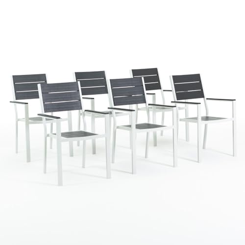 RATTATAN Adele- stapelbare Außen- und Gartenstühle aus Stahlgestell und hochwertiger Platte aus Polyethylen in raffiniertem Holzdesig (6, Weiß/Schiefer) von RATTATAN