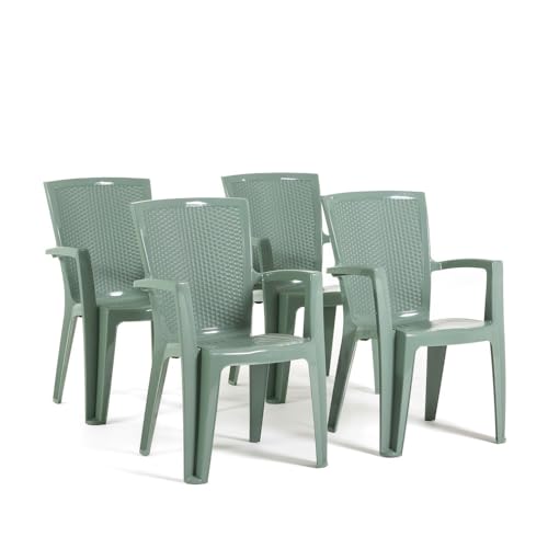 RATTATAN Diana - stapelbare Außen- und Gartenstühle aus Rattaneffekt-Resin mit Armlehnen (4, Graugrün) von RATTATAN