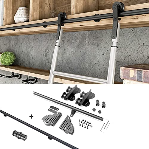 RAUGAJ 3,3 Fuß Bis 20 Fuß Schwarze Leiterbeschläge (100-Cm-Verlängerungsschiene), Bibliothek Für Rollende Leiterbeschläge, Mobile Leiterschiene Mit Rundrohr Und Bodenrollenrädern/6.6Ft/200Cm Track Kit von RAUGAJ