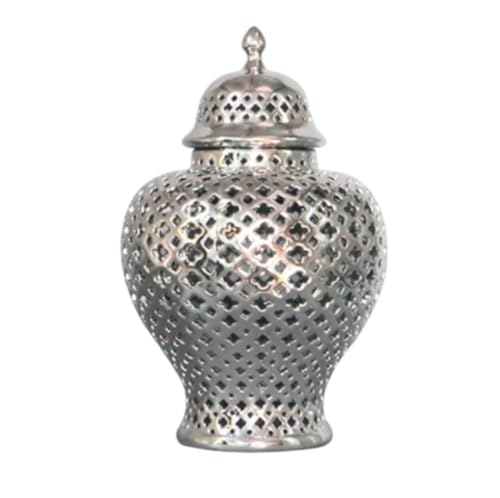 RAUGAJ Dekorative Jar Ingwer Jar Vase Dekor Vintage Durchbohrt Ingwer Jar Mit Deckel Geschnitzt Gitter Dekorative Tempel Jar Atemberaubende Home Decor Intricate Ingwer Jars Storage Jar/Silver/31*48Cm von RAUGAJ