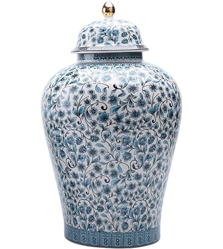 RAUGAJ Dekoratives Glas Ingwer Jar Vase Dekor Blau Und Weiße Stil Ingwerglas Mit Deckel Herzstück Blume Vase Tisch Dekoration Porzellan Ingwer Jars Aufbewahrung Jar/Blue/21.5 * 38Cm von RAUGAJ