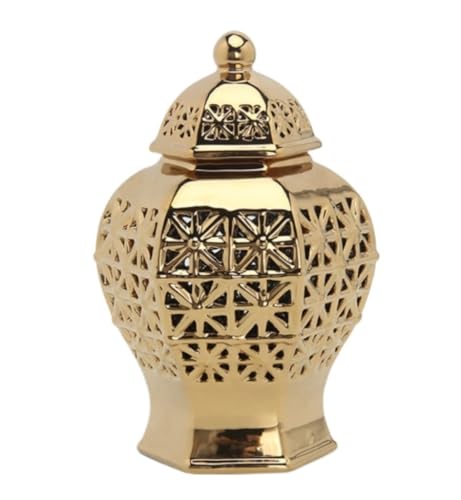 RAUGAJ Dekoratives Glas Ingwer Jar Vase Dekor Keramik Arbeitsplatte Hohlauslöschte Ingwer Jar Pot Desktop Oramente Elegant Atif Blumenhalter Organizer Ingwer Jars Aufbewahrungsglas/Gold/16 * 31Cm von RAUGAJ