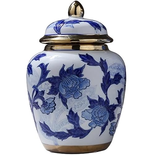 RAUGAJ Dekoratives Glas Ingwer Jar Vase Dekor Keramik Ingwer Jar Vasen Mit Goldenem Trimmblau Und Weißem Porzellanblumen -Vase Chinoiserie Tempelglas Mit Deckelgingerglas Aufbewahrungsglas Jar/B/19.5* von RAUGAJ