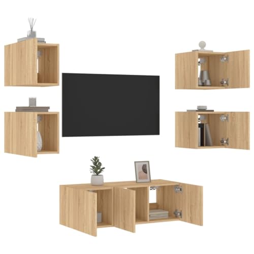RAUGAJ Furniture Home Tools 6-teilige TV-Wohnwand mit LED Sonoma Eiche Holzwerkstoff von RAUGAJ