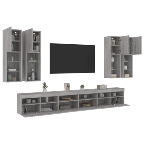 RAUGAJ Furniture Home Tools 7-teiliges TV-Wandschrank-Set mit LED-Leuchten Grau Sonoma von RAUGAJ
