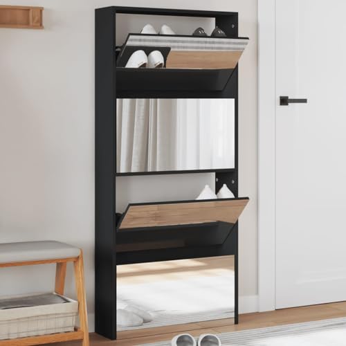 RAUGAJ Furniture Home Tools Schuhschrank mit Spiegel, 4-lagig, schwarz, 63 x 17 x 134 cm von RAUGAJ
