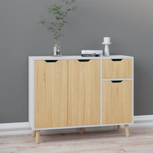 RAUGAJ Furniture Home Tools Sideboard Weiß und Sonoma Eiche 90x30x72cm Holzwerkstoff von RAUGAJ