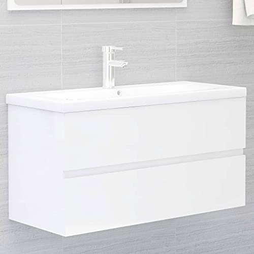 RAUGAJ Furniture Home Tools Waschbeckenunterschrank mit eingebautem Waschbecken, Hochglanz-Weiß, Holzwerkstoff von RAUGAJ