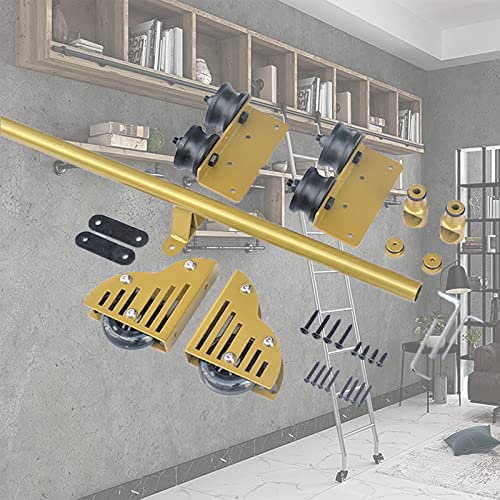 RAUGAJ Goldene Rollleiter-Hardware-Bibliothek, Schiebeleiter-Hardware-Kit, 3,3 Fuß Bis 20 Fuß Lange Gleitschiene, Rundes Rohr, Mobile Leiterschiene Mit Bodenrollenrad/6.6Ft/200Cm Track Kit von RAUGAJ