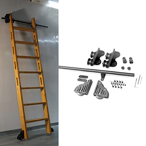 RAUGAJ Rollleiter-Hardware-Bibliothek, Schiebeleiter-Hardware-Kit, 3,3 Fuß Bis 20 Fuß, Schwarze Runde Schiene/Schiene, Mit Bodenrollenrädern (Keine Leiter), Mobile Leiterschiene + Verlängerungsschiene von RAUGAJ