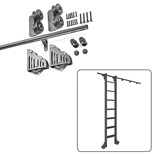 RAUGAJ Schwarzer Stahl Bibliothek Leiter Erweiterung Schiene, Schiebetür Kit 3.3Ft- 20Ft Mit Boden Roller Räder, Rolling Ladder Hardware Bibliothek Schiebeleiter Hardware Kit/6.6Ft/200Cm Track Kit von RAUGAJ