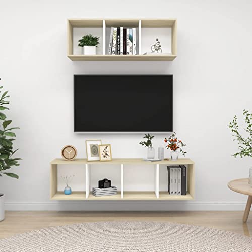 RAUGAJ TV-Schrank-Set, 2-teilig, Weiß und Sonoma-Eiche, Holzmöbel von RAUGAJ