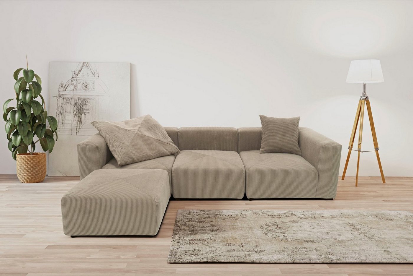 RAUM.ID Ecksofa Gerrid L-Form, Cord-Bezug, Modulsofa, bestehend aus Eck- und Mittelelement + Hocker von RAUM.ID