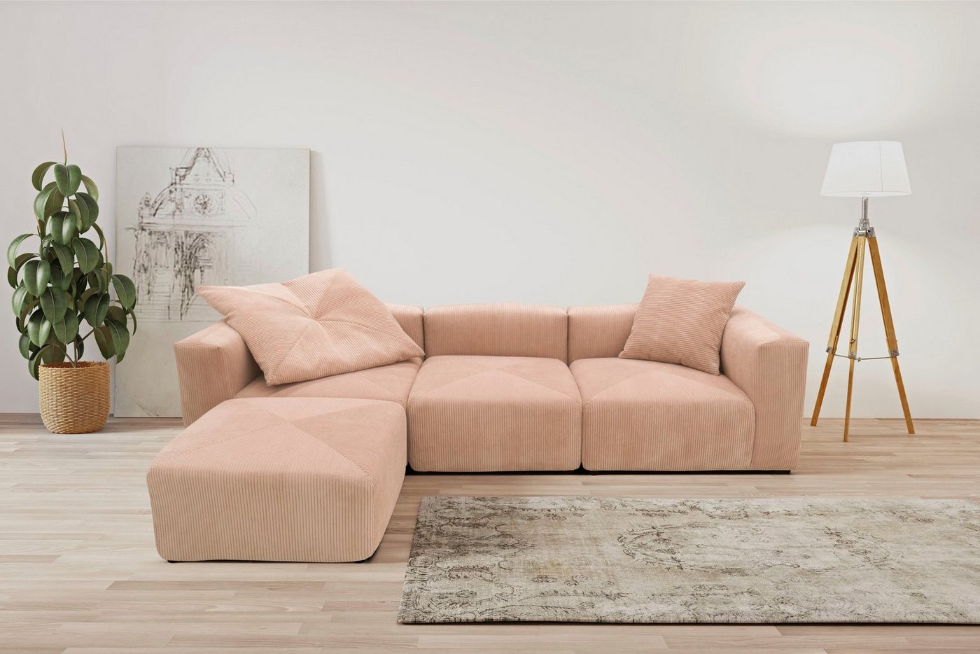 RAUM.ID Ecksofa Gerrid L-Form, Cord-Bezug, Modulsofa, bestehend aus Eck- und Mittelelement + Hocker von RAUM.ID