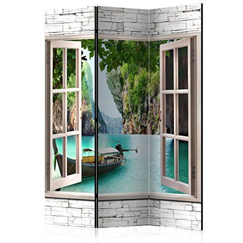 murando Raumteiler Fensterblick Fenster Landschaft Foto Paravent 135x172 cm beidseitig auf Vlies-Leinwand Bedruckt Trennwand Spanische Wand Sichtschutz Raumtrenner Home Office blau beige von RAUMTEILER / PARAVENT B&D XXL