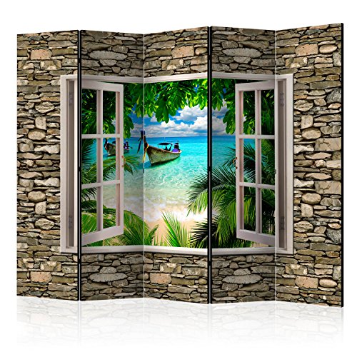 murando Raumteiler Fensterblick Fenster Landschaft Foto Paravent 225x172 cm beidseitig auf Vlies-Leinwand Bedruckt Trennwand Spanische Wand Sichtschutz Raumtrenner Home Office blau braun von RAUMTEILER / PARAVENT B&D XXL