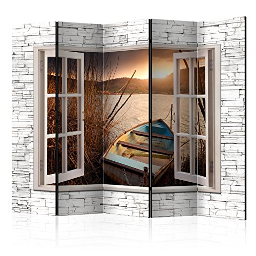 murando Raumteiler Fensterblick Fenster Landschaft Foto Paravent 225x172 cm beidseitig auf Vlies-Leinwand Bedruckt Trennwand Spanische Wand Sichtschutz Raumtrenner Home Office grau braun von RAUMTEILER / PARAVENT B&D XXL