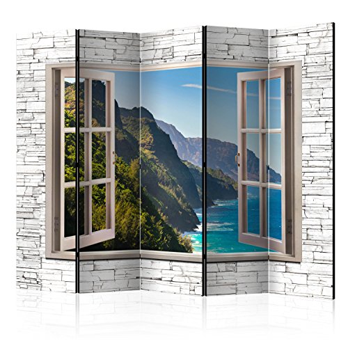 murando Raumteiler Fensterblick Fenster Landschaft Foto Paravent 225x172 cm einseitig auf Vlies-Leinwand Bedruckt Trennwand Spanische Wand Sichtschutz Raumtrenner Home Office beige blau von RAUMTEILER / PARAVENT B&D XXL