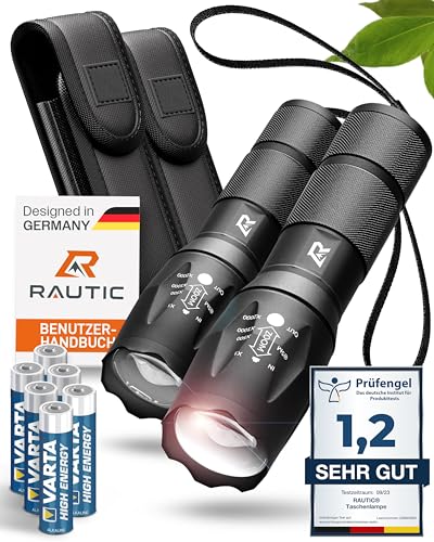 RAUTIC® Taschenlampe im 2er Set, Leistungsstarke LED Taschenlampe mit Batterien und Holster, batteriebetriebene Taschenlampe mit 3 Modi für den täglichen Gebrauch, Camping und Notfälle von RAUTIC